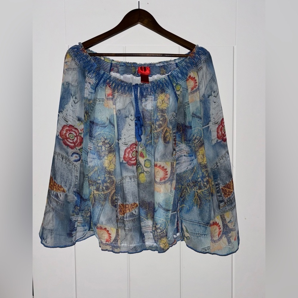 VTG V-Cristina Floral Ethereal Denim Blouse Women L Soft‎ Boho Mystical